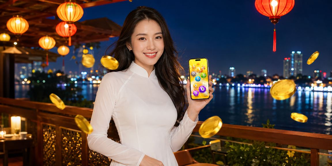 Người dùng Hà Nội trong trang phục áo dài theo dõi xổ số và giao dịch tài chính trực tuyến